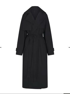 Classic Black Long Trench Coat with Waist Tie
